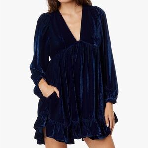 Free People Estella Navy Velvet Babydoll Dress Size Small NWT $177 MSRP